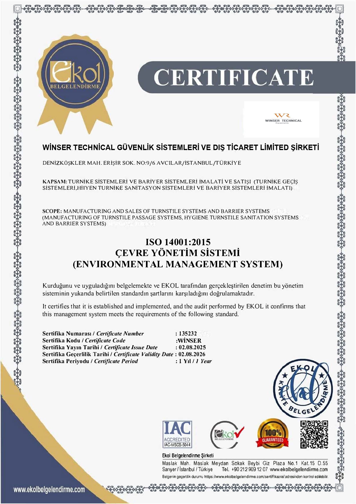 SO 14001:2015 Environmental Management System Certificate